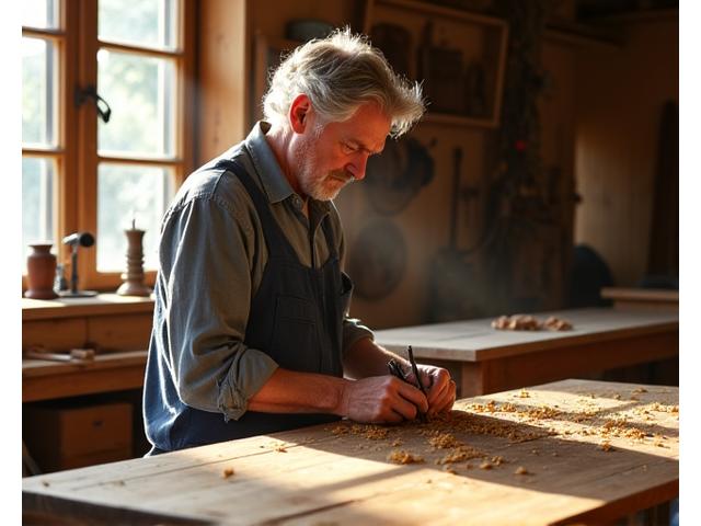 Artisan ébéniste travaillant le bois dans un atelier rempli de lumière naturelle.