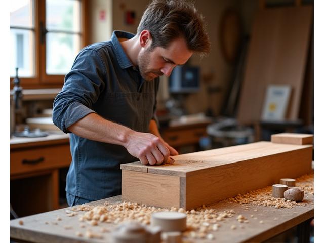 Artisan travaillant sur un meuble en bois sur mesure, esprit atelier d'ébénisterie