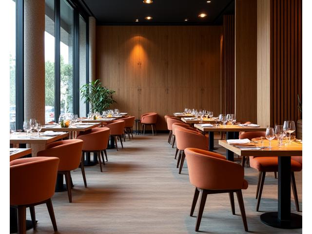 Intérieur de restaurant stylisé avec plusieurs tables et chaises en bois, design moderne et chaleureux
