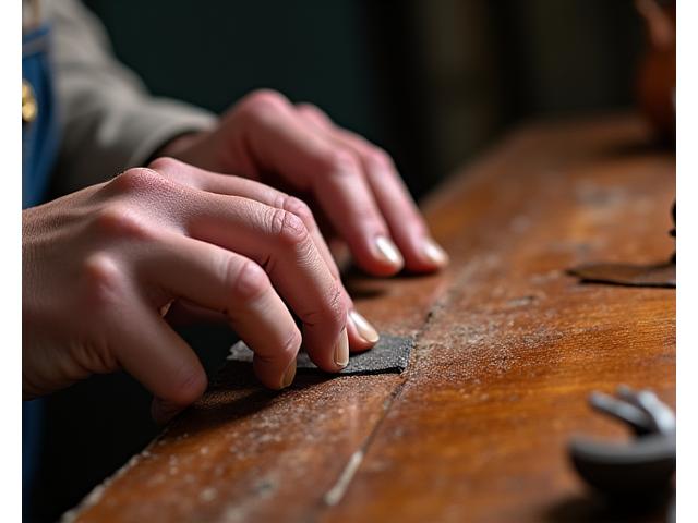 Main d'ébéniste restaurateur ponçant délicatement un meuble ancien avec des outils traditionnels, lumière chaleureuse